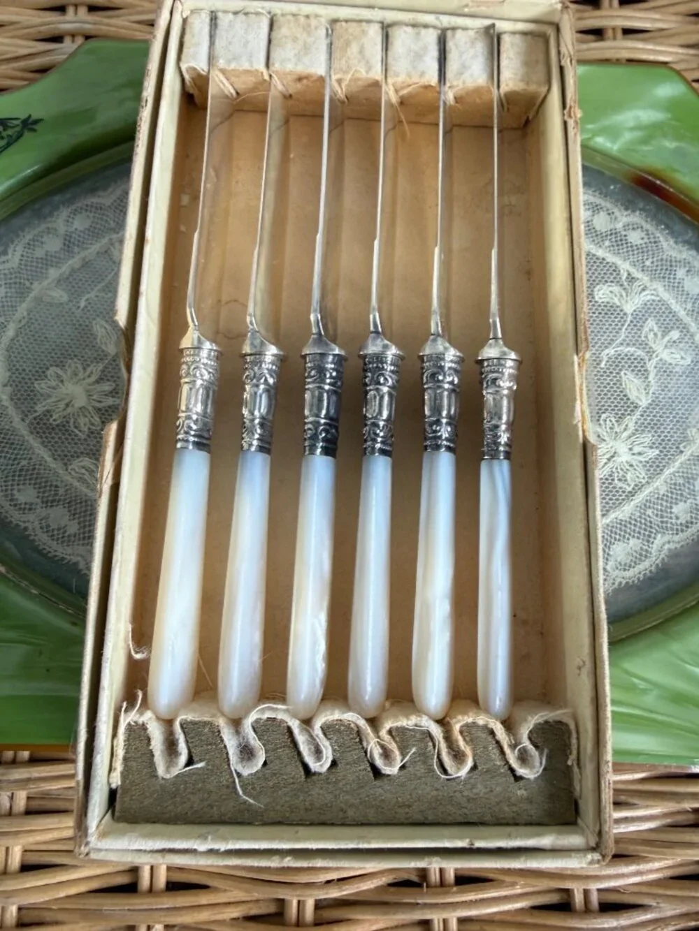 Antique 1910s Mother Of Pearl Fruit Knives Sterling Bands Boxed Set of 6